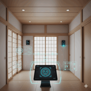 Domotique la sécurité japonaise dans une maison traditionnelle connectée avec capteurs et écrans intelligents